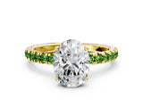 Yellow gold Oval Cut Diamond Pave Band Solitaire Ring with Round with Peridot side stone and Prong Setting