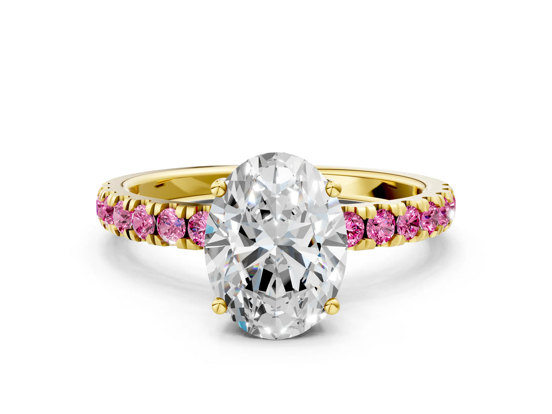 Yellow gold Oval Cut Diamond Pave Band Solitaire Ring with Round with Pink Sapphire side stone and Prong Setting_12