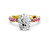 Yellow gold Oval Cut Diamond Pave Band Solitaire Ring with Round with Pink Sapphire side stone and Prong Setting_12