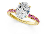 Yellow gold Oval Cut Diamond Pave Band Solitaire Ring with Round with Pink Sapphire side stone and Prong Setting_13