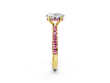 Yellow gold Oval Cut Diamond Pave Band Solitaire Ring with Round with Pink Sapphire side stone and Prong Setting_14