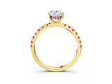Yellow gold Oval Cut Diamond Pave Band Solitaire Ring with Round with Pink Sapphire side stone and Prong Setting_15