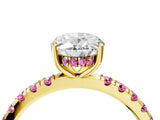 Yellow gold Oval Cut Diamond Pave Band Solitaire Ring with Round with Pink Sapphire side stone and Prong Setting_16