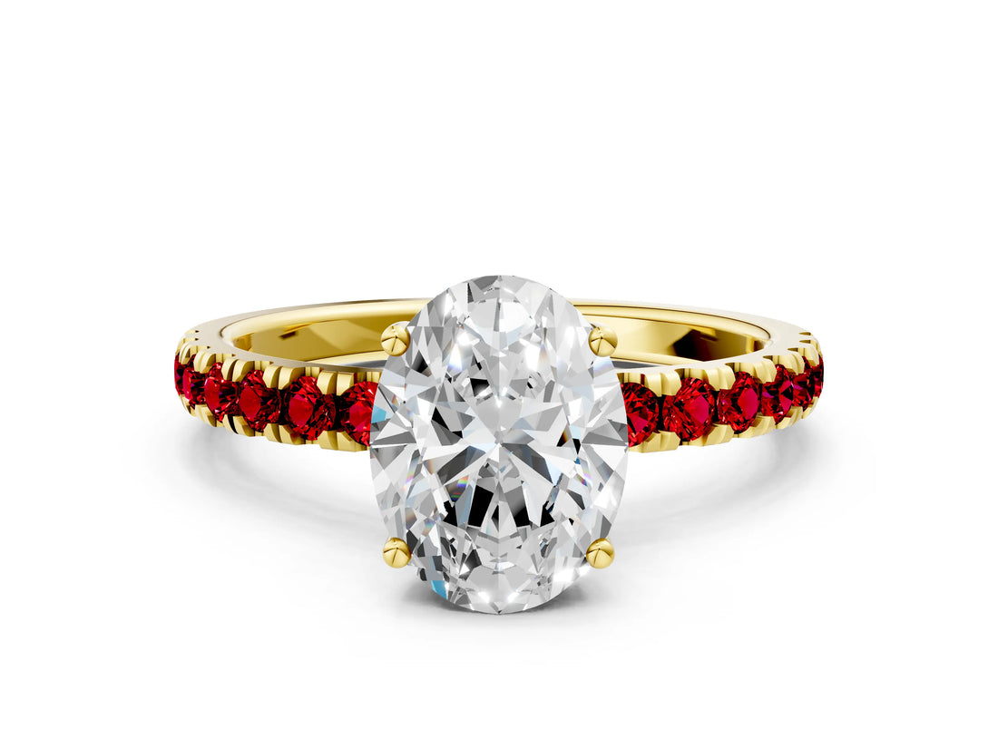 Yellow gold Oval Cut Diamond Pave Band Solitaire Ring with Round with Ruby side stone and Prong Setting_12