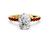 Yellow gold Oval Cut Diamond Pave Band Solitaire Ring with Round with Ruby side stone and Prong Setting_12