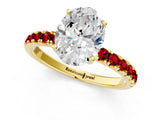 Yellow gold Oval Cut Diamond Pave Band Solitaire Ring with Round with Ruby side stone and Prong Setting_13