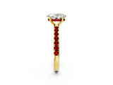 Yellow gold Oval Cut Diamond Pave Band Solitaire Ring with Round with Ruby side stone and Prong Setting_14