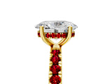 Yellow gold Oval Cut Diamond Pave Band Solitaire Ring with Round with Ruby side stone and Prong Setting_17