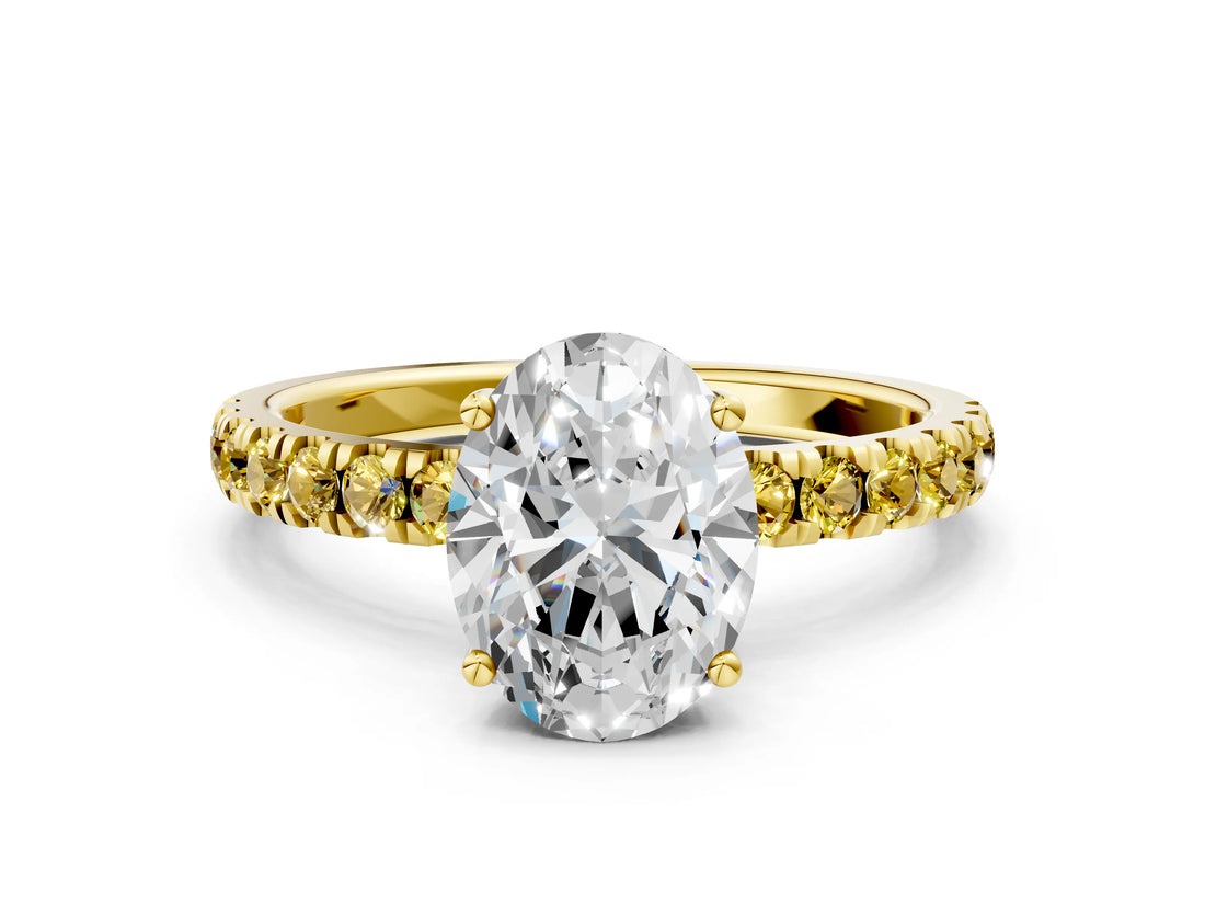 Yellow gold Oval Cut Diamond Pave Band Solitaire Ring with Round with Yellow Sapphire side stone and Prong Setting_12