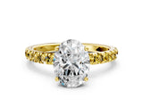 Yellow gold Oval Cut Diamond Pave Band Solitaire Ring with Round with Yellow Sapphire side stone and Prong Setting_12
