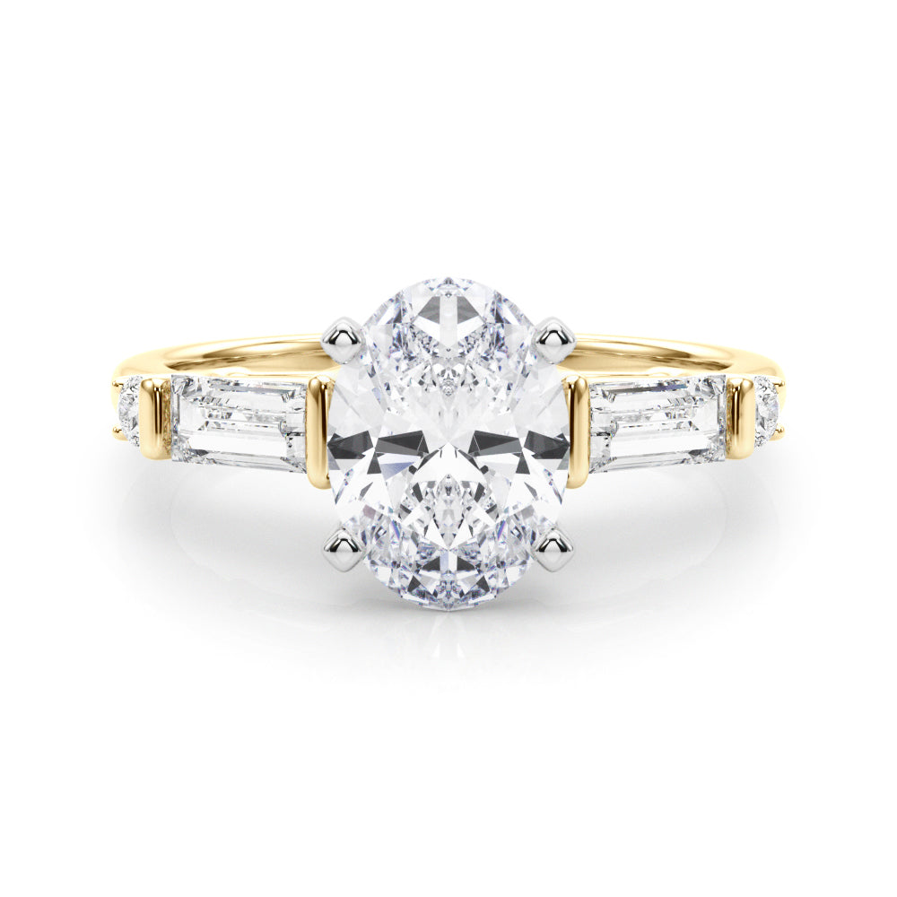 Yellow gold Oval Cut Diamond Ring with Baguette Side Stones, Channel Set Band, and Four-Prong Setting 1