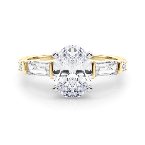 Yellow gold Oval Cut Diamond Ring with Baguette Side Stones, Channel Set Band, and Four-Prong Setting 1