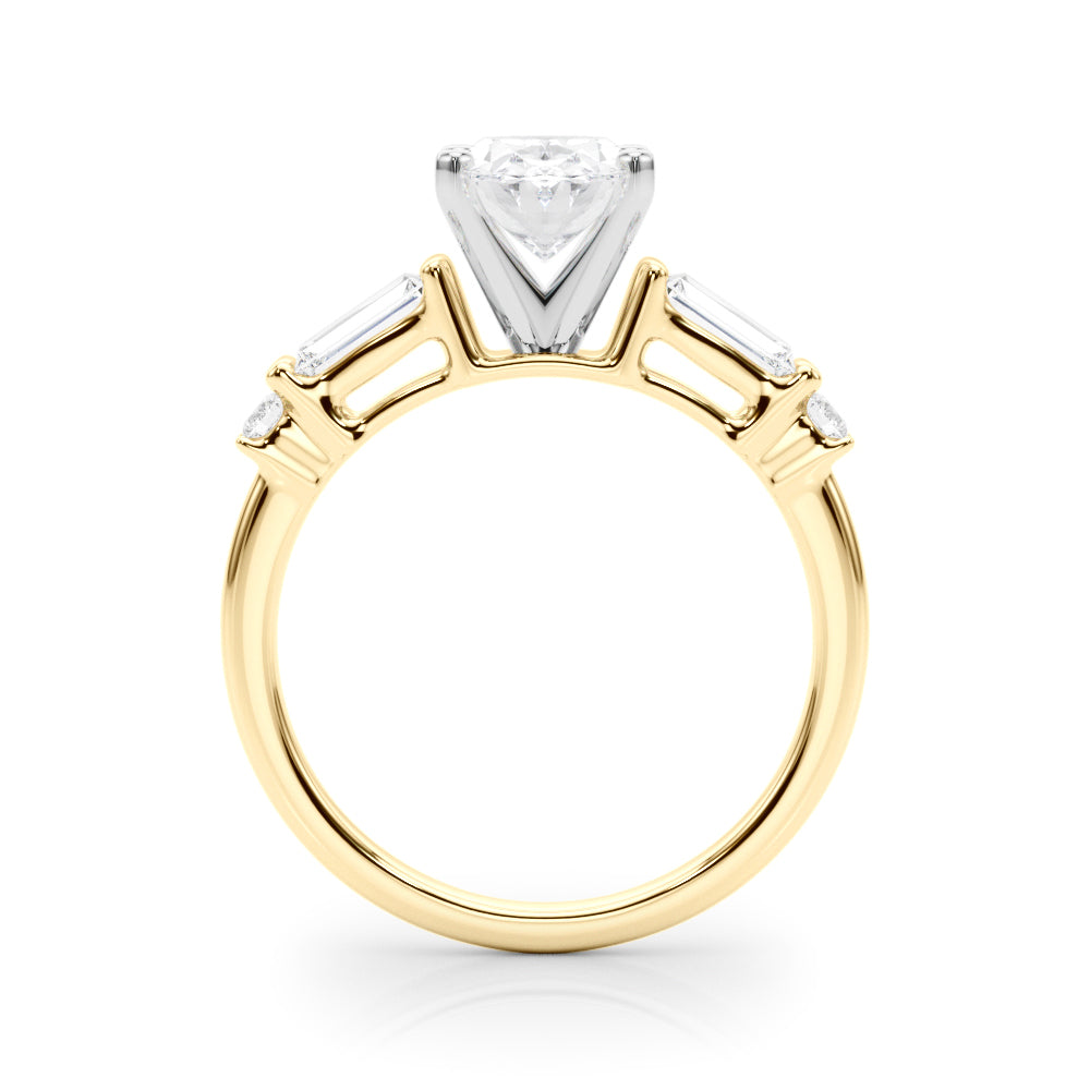 Yellow gold Oval Cut Diamond Ring with Baguette Side Stones, Channel Set Band, and Four-Prong Setting 2