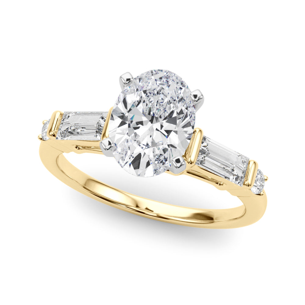 Yellow gold Oval Cut Diamond Ring with Baguette Side Stones, Channel Set Band, and Four-Prong Setting
