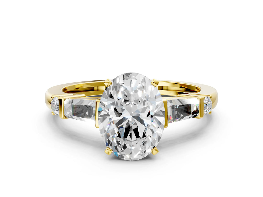 Yellow gold Oval Cut Diamond Ring with Baguette Side Stones, Channel Set Band, and Four-Prong Setting_25