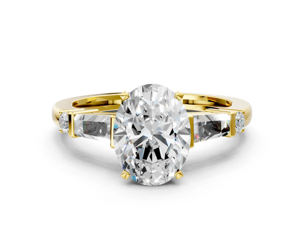 Yellow Gold Oval Three Stone Engagement Ring Setting with Bar Set Tapered Baguettes