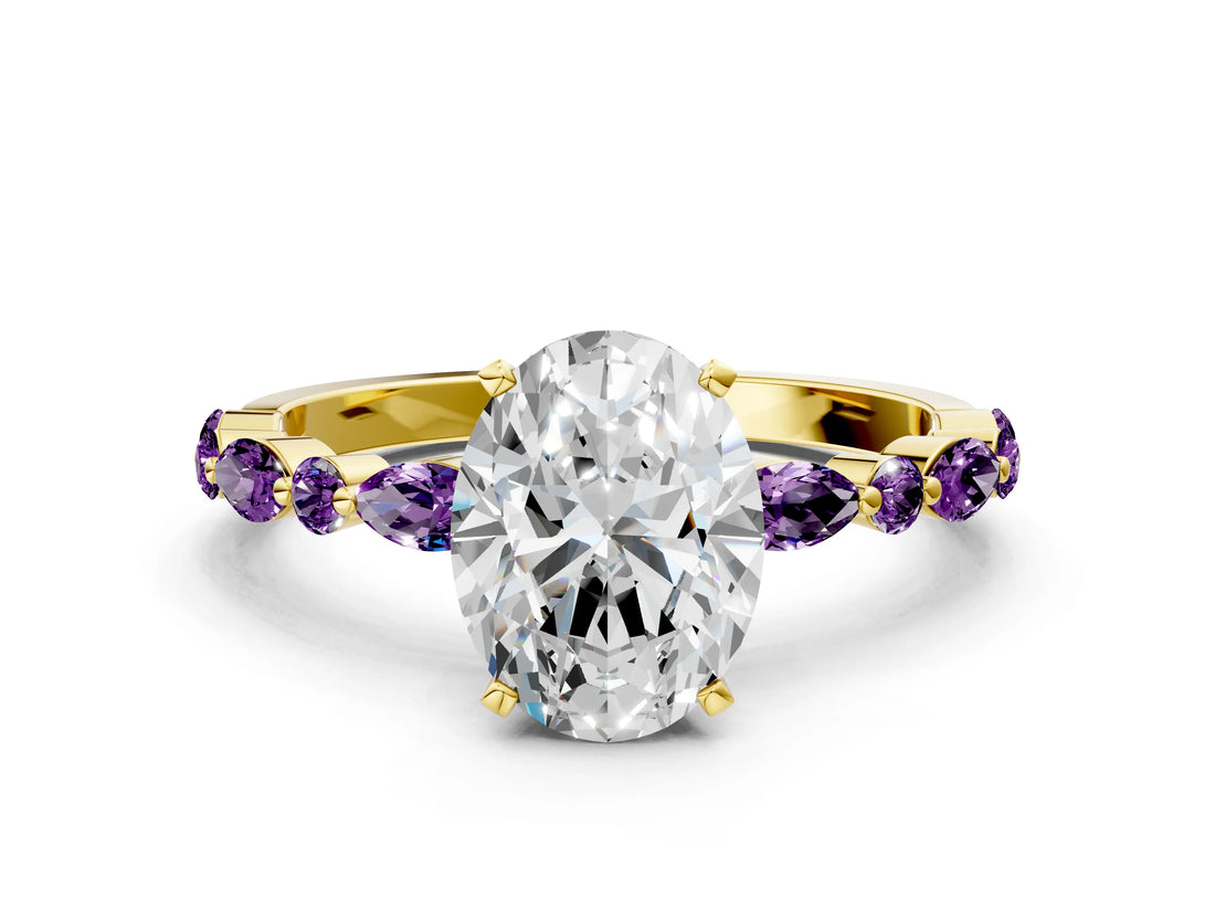 Yellow gold Oval Cut Diamond Ring with Marquise and Round with Amethyst side stone Side Stones and Four-Prong Setting_24