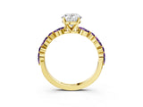 Yellow gold Oval Cut Diamond Ring with Marquise and Round with Amethyst side stone Side Stones and Four-Prong Setting_27