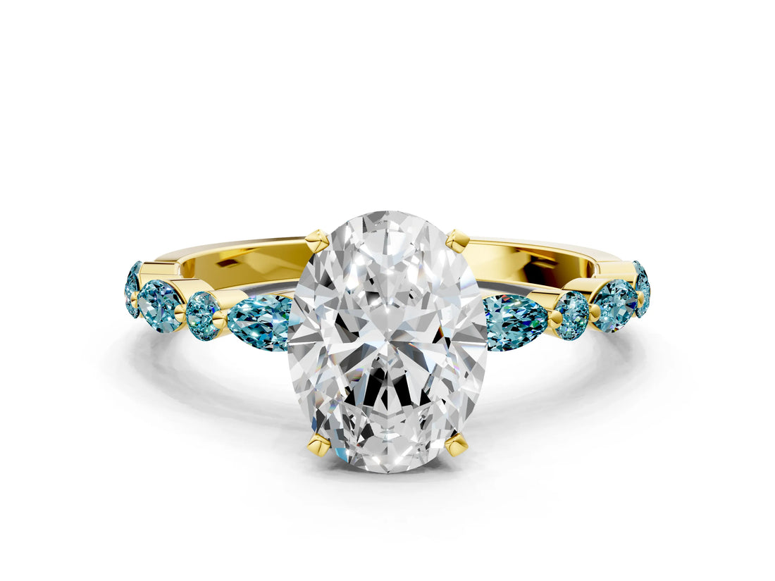 Yellow gold Oval Cut Diamond Ring with Marquise and Round with Blue Topaz side stone Side Stones and Four-Prong Setting_24