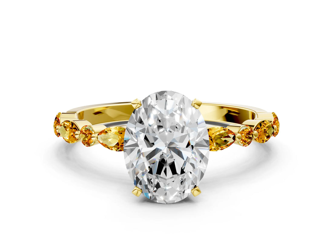 Yellow gold Oval Cut Diamond Ring with Marquise and Round with Citrine side stone Side Stones and Four-Prong Setting_12