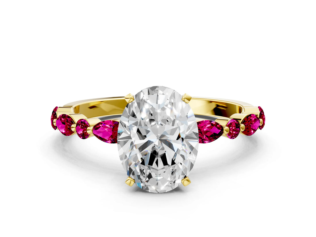 Yellow gold Oval Cut Diamond Ring with Marquise and Round with Garnet side stone Side Stones and Four-Prong Setting_24