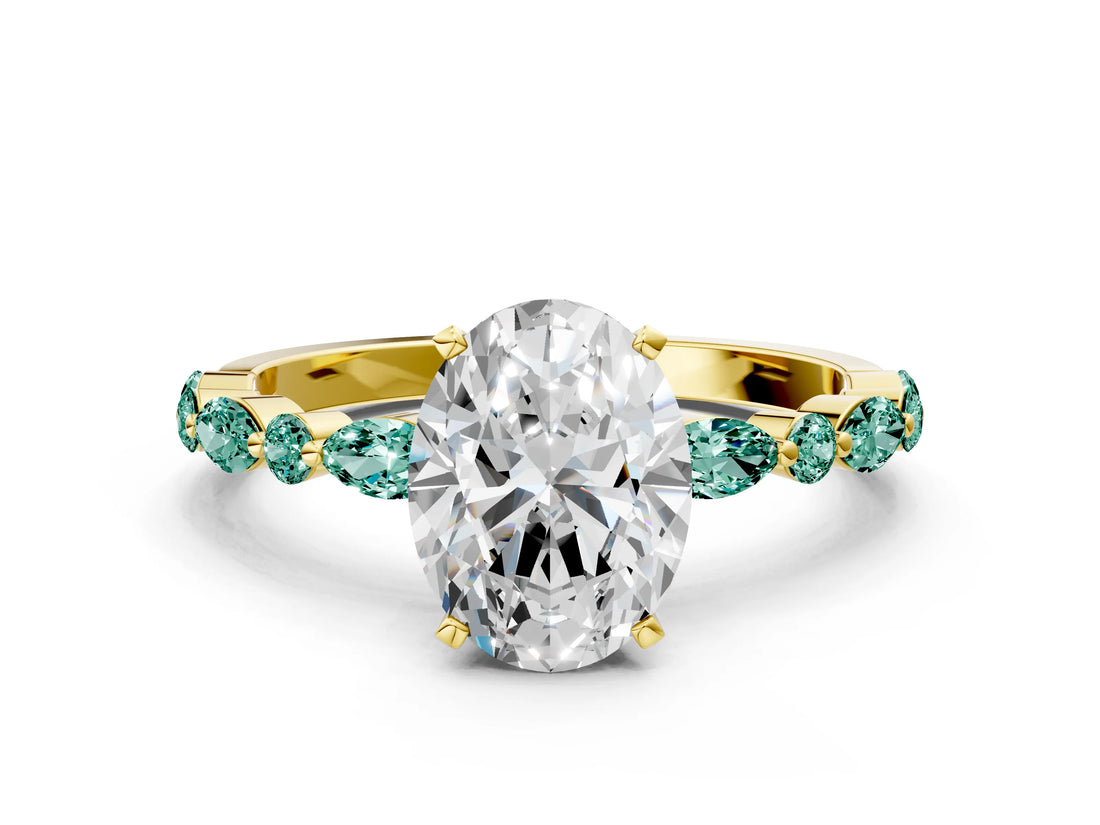 Yellow gold Oval Cut Diamond Ring with Marquise and Round with Green Sapphire side stone Side Stones and Four-Prong Setting_12