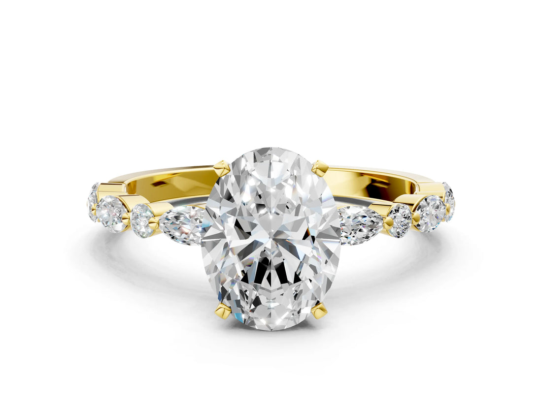 Yellow gold Oval Cut Diamond Ring with Marquise and Round with Moissanite side stone Side Stones and Four-Prong Setting_48