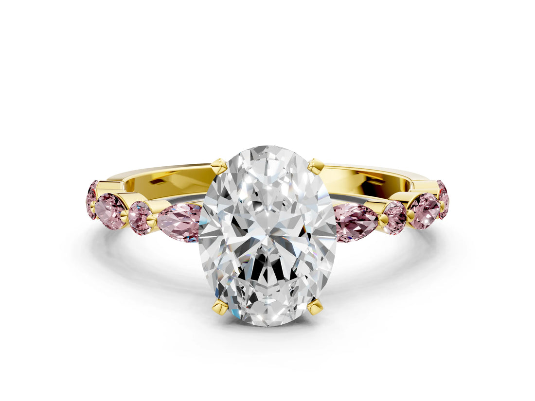 Yellow gold Oval Cut Diamond Ring with Marquise and Round with Morganite side stone Side Stones and Four-Prong Setting_24