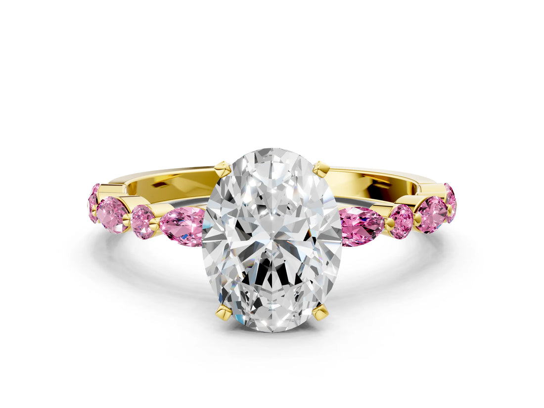 Yellow gold Oval Cut Diamond Ring with Marquise and Round with Pink Sapphire side stone Side Stones and Four-Prong Setting_12