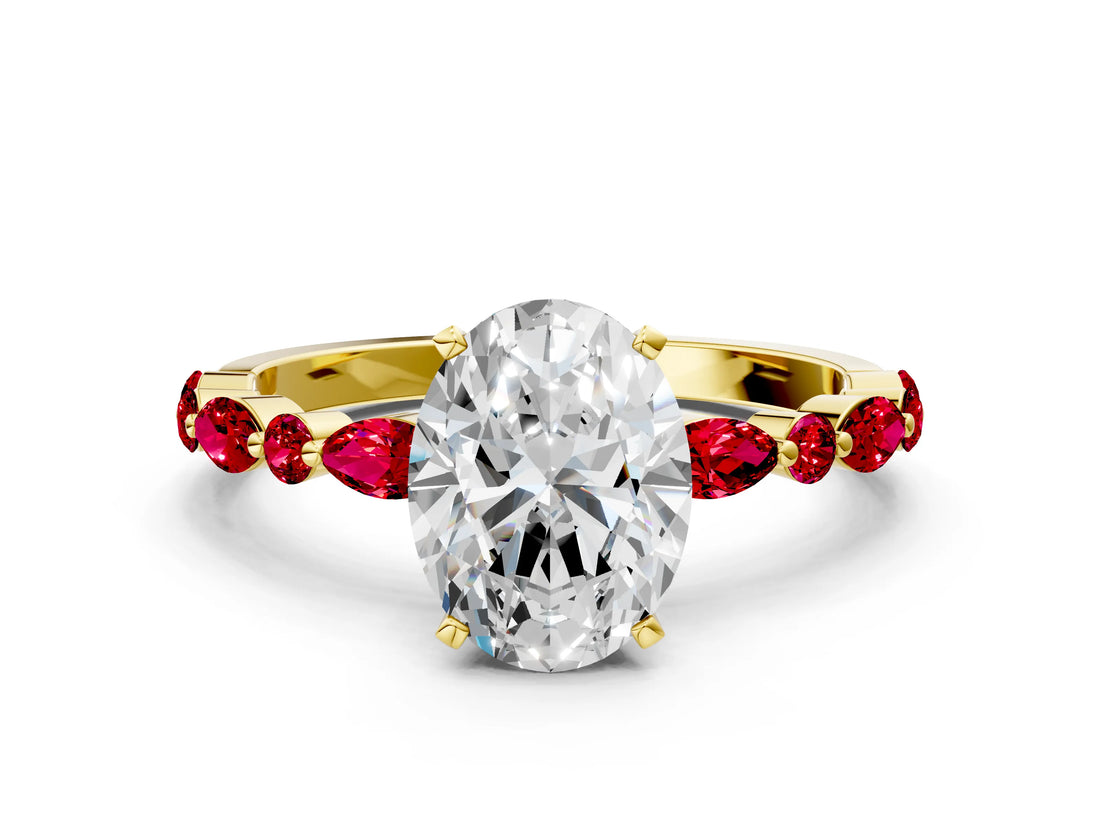 Yellow gold Oval Cut Diamond Ring with Marquise and Round with Ruby side stone Side Stones and Four-Prong Setting_36