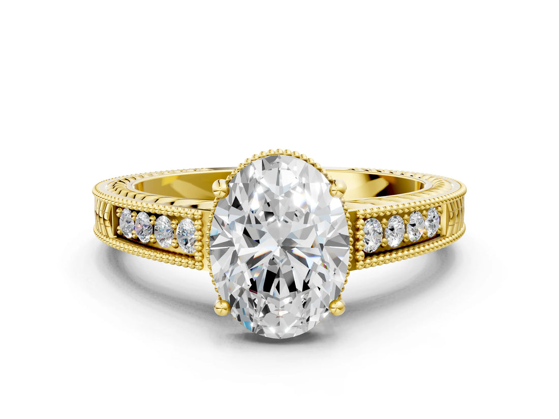 Yellow gold Oval Cut Diamond Ring with Milgrain Pavé Band and Four-Prong Setting_19