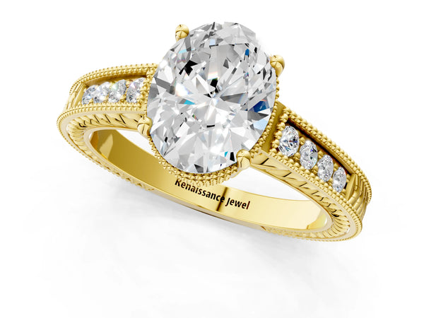Yellow gold Oval Cut Diamond Ring with Milgrain Pavé Band and Four-Prong Setting