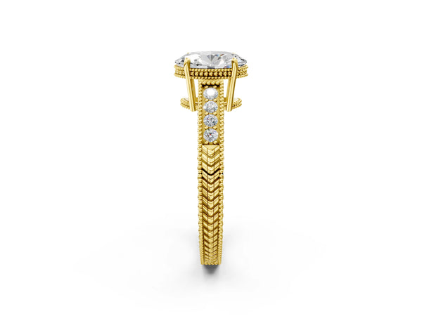 Yellow gold Oval Cut Diamond Ring with Milgrain Pavé Band and Four-Prong Setting