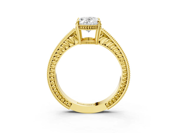 Yellow gold Oval Cut Diamond Ring with Milgrain Pavé Band and Four-Prong Setting