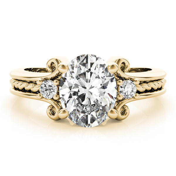 Yellow gold Oval Cut Diamond Ring with Scrollwork Band and Prong Setting 1