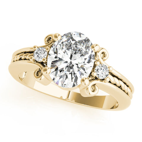 Yellow gold Oval Cut Diamond Ring with Scrollwork Band and Prong Setting