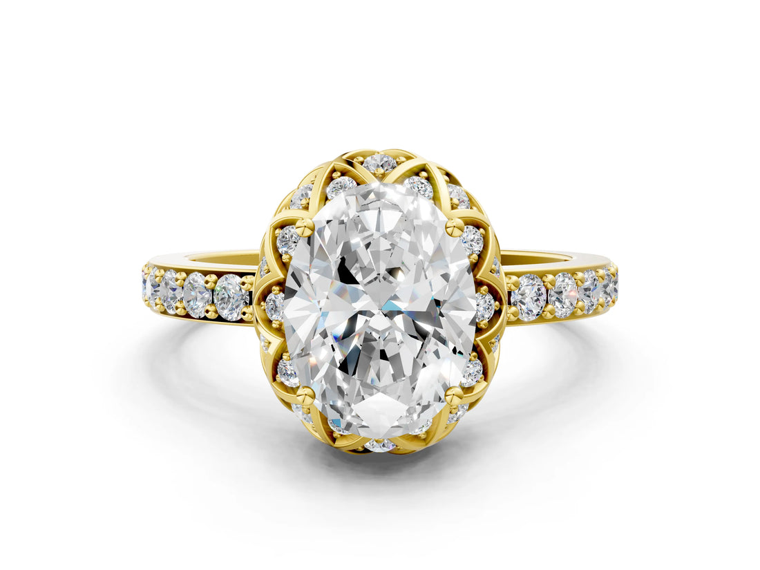 Yellow gold Oval Cut Diamond Scalloped Halo Engagement Ring with Round Shared Prong Band_12