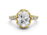 Yellow gold Oval Cut Diamond Scalloped Halo Engagement Ring with Round Shared Prong Band_12