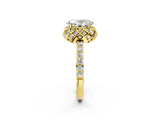 Yellow gold Oval Cut Diamond Scalloped Halo Engagement Ring with Round Shared Prong Band_14