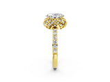 Yellow gold Oval Cut Diamond Scalloped Halo Engagement Ring with Round Shared Prong Band_26