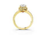 Yellow gold Oval Cut Diamond Scalloped Halo Engagement Ring with Round Shared Prong Band_27