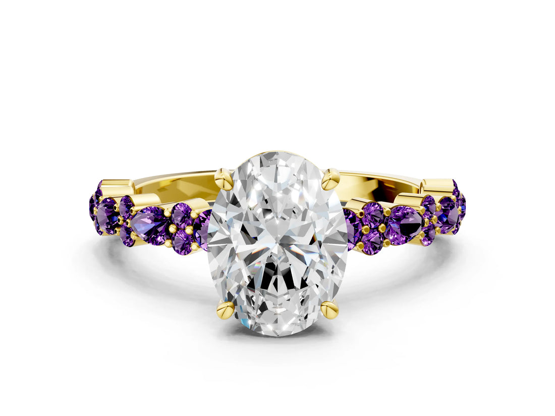 Yellow gold Oval Cut Diamond Side Stone Solitaire Ring with Round with Amethyst side stone and Four-Prong Setting