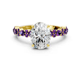 Yellow gold Oval Cut Diamond Side Stone Solitaire Ring with Round with Amethyst side stone and Four-Prong Setting
