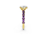 Yellow gold Oval Cut Diamond Side Stone Solitaire Ring with Round with Amethyst side stone and Four-Prong Setting_2