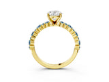 Yellow gold Oval Cut Diamond Side Stone Solitaire Ring with Round with Aquamarine side stone and Four-Prong Setting_3