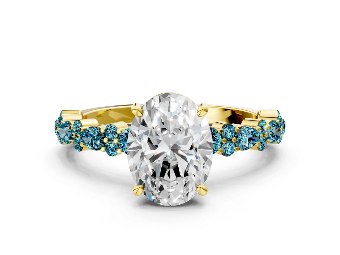 Yellow gold Oval Cut Diamond Side Stone Solitaire Ring with Round with Blue Topaz side stone and Four-Prong Setting
