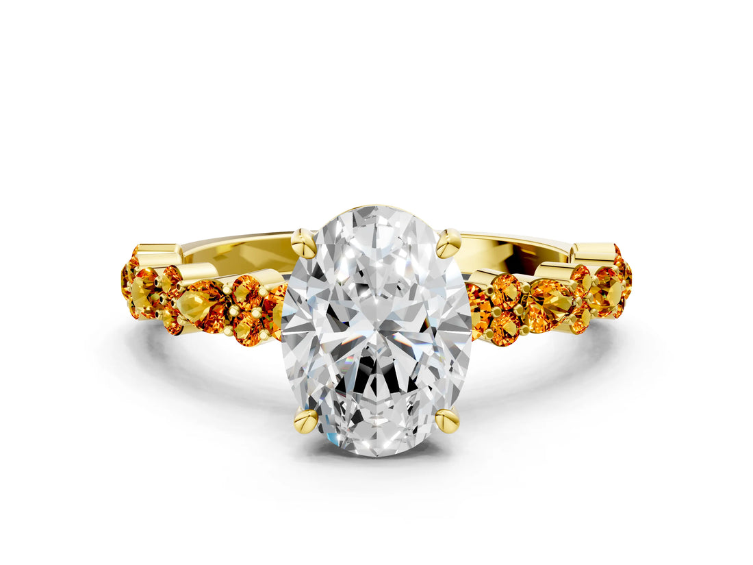 Yellow gold Oval Cut Diamond Side Stone Solitaire Ring with Round with Citrine side stone and Four-Prong Setting
