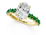 Yellow gold Oval Cut Diamond Side Stone Solitaire Ring with Round with Emerald side stone and Four-Prong Setting_1