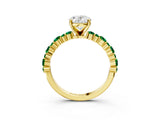 Yellow gold Oval Cut Diamond Side Stone Solitaire Ring with Round with Emerald side stone and Four-Prong Setting_3