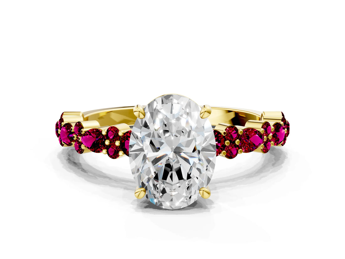 Yellow gold Oval Cut Diamond Side Stone Solitaire Ring with Round with Garnet side stone and Four-Prong Setting
